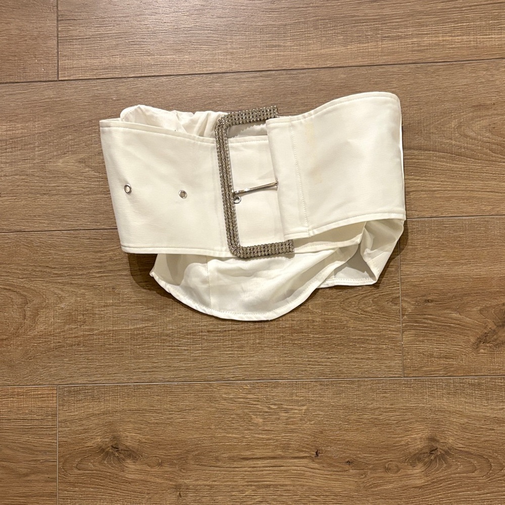 PrettyLittleThing White Crop Top with Silver Buckle